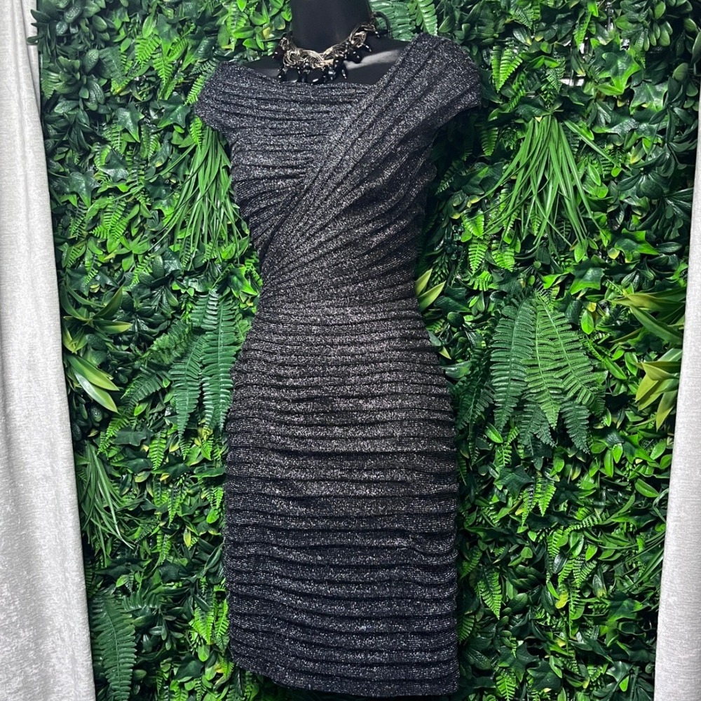 Tadashi Shoji Dress 6 Black Silver Metallic Pintuck Off Shoulder Cocktail 4207